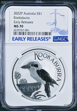 Load image into Gallery viewer, 2022 P Australia Silver Kookaburra NGC MS 70 $1 1 oz Coin Blue ER Label PERFECT