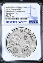Load image into Gallery viewer, 2023 Kookaburra 1oz Silver Coin Kookaburra Privy Sydney M. Expo MS70 ANDA FR