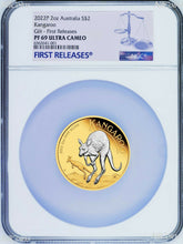 Load image into Gallery viewer, 2022 Australia GILT Proof 2oz .9999 Silver Kangaroo $2 Coin NGC PF69 FR Blue LB
