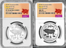 Load image into Gallery viewer, 2-Coin-Set 2019 Lunar Year of the PIG 2x 1/2oz Silver NGC PF70+MS70 Proof+BU ER