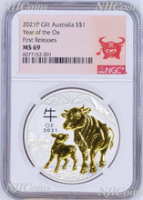Load image into Gallery viewer, 2021 Australia GILDED Silver Lunar Year of the OX NGC MS 69 1oz Coin FR GILT