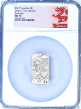 Load image into Gallery viewer, 2022 Dragon 1oz .9999 Silver Rectangular $1 Dollar Bar COIN NGC MS 70 FR D Label