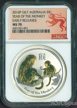 Load image into Gallery viewer, 2016 P Australia GILDED Silver Lunar Year of Monkey NGC MS 70 1 oz Coin w/OGP