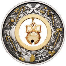 Load image into Gallery viewer, 2022 CHRISTMAS $2 2oz Silver Antiqued Coin w/ 24k gold-plated Jingle Bell Insert