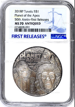 Load image into Gallery viewer, 2018 Planet of the Apes 50th Ann. SILVER $2 2oz COIN NGC MS 70 ANTIQUED FR