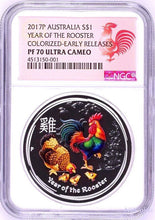 Load image into Gallery viewer, 2017 Australia PROOF Colored Silver Lunar Year of the Rooster NGC PF70 1oz Coin