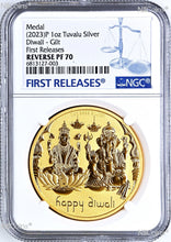 Load image into Gallery viewer, 2023 Diwali Festival Hindu New Year Gift 1oz .9999 Silver Gilt NGC PF70 Medal ER