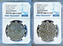 Load image into Gallery viewer, 2018 P Evolution of Industry ANTIQUED Gear-Shaped 1oz Silver 2-COIN-SET NGC MS69