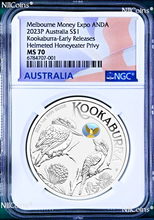 Load image into Gallery viewer, 2023 Kookaburra 1oz Silver Coin Honeyeater Privy Melbourne M. Expo MS70 ANDA ER