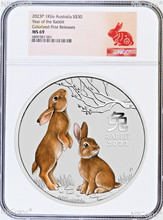 Load image into Gallery viewer, 2023 Lunar Year of the RABBIT COLORED Kilo Silver $30 Coin NGC MS69 1st Releases
