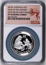 Load image into Gallery viewer, 2016 Australia Lunar Year Of Monkey High Relief Proof 1oz Silver Coin NGC PF70