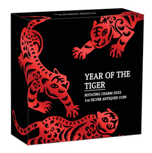 Load image into Gallery viewer, 2022 LUNAR Year of Tiger 1oz $1 Silver Rotating Charm Antiqued Coin NGC MS70 FR