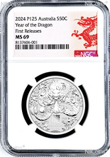 Load image into Gallery viewer, 2024 Lunar Year of the Dragon Australia .9999 Silver NGC MS69 1/2oz Coin "P125"