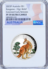 Load image into Gallery viewer, 2023 Colored HIGH RELIEF 1oz Silver Kangaroo $1 Coin NGC PF70 ER Flag Label