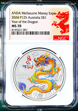 Load image into Gallery viewer, 2024 Silver Lunar Year Dragon NGC MS70 1oz $1 Coin P125 Melbourne ANDA Yellow
