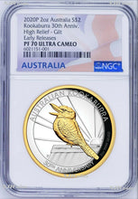 Load image into Gallery viewer, 2020 Australia GILT HIGH RELIEF 2oz Silver Kookaburra 30 Ann $2 Coin NGC PF70 ER