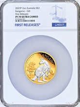 Load image into Gallery viewer, 2023 Australia GILT Proof 2oz .9999 Silver Kangaroo $2 Coin NGC PF70 FR Blue LB