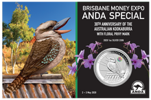 Load image into Gallery viewer, 2020 ANDA Show Special Kookaburra 1oz $1 Silver Coin w/ Cooktown Orchid privy