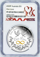 Load image into Gallery viewer, 2020 One Love 1oz .9999 Silver $1 Proof Coin NGC PF69 UC Tuvalu HEART LABEL