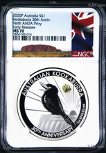 Load image into Gallery viewer, 2020 30th Ann. Kookaburra 1oz Silver Coin Kangaroo Paw Privy NGC MS70 PERTH ANDA