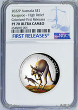 Load image into Gallery viewer, 2022 Australia Colored HIGH RELIEF 1oz Silver Kangaroo $1 Coin NGC PF70
