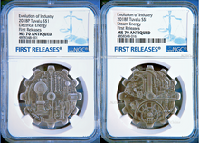 Load image into Gallery viewer, 2018 P Evolution of Industry ANTIQUED Gear-Shaped 1oz Silver 2-COIN-SET NGC MS70