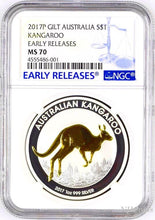 Load image into Gallery viewer, 2017 P Australia GILDED Silver Kangaroo NGC MS 70 1 oz Coin w/OGP gilt ER LABEL
