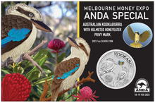Load image into Gallery viewer, 2023 ANDA Melbourne Expo Kookaburra 1oz $1 Silver Coin Helmeted Honeyeater PRIVY
