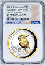 Load image into Gallery viewer, 2021 Australia GILT HIGH RELIEF 2oz Silver Kookaburra $2 Coin NGC PF70 FR