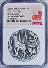 Load image into Gallery viewer, 2022 Australia Antiqued LUNAR Year of the TIGER 2oz $2 Silver Coin NGC MS70 FR