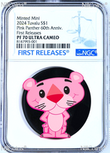 Load image into Gallery viewer, 2024 THE PINK PANTHER 60TH ANNIVERSARY Minted Mini 1oz Silver $1 Coin NGC PF70 F