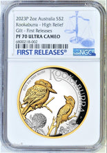 Load image into Gallery viewer, 2023 Australia GILT PROOF HIGH RELIEF 2oz Silver Kookaburra $2 Coin NGC PF70 FR