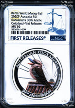 Load image into Gallery viewer, 2020 Berlin Show Australia 30th Ann. Kookaburra Silver NGC MS 70 1oz $1 Coin FR

