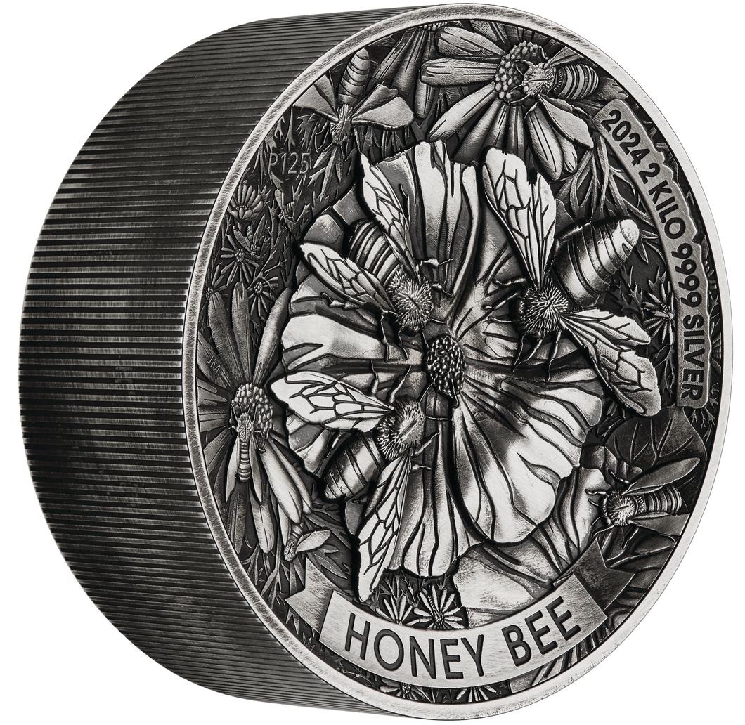 2024 Honey Bee 2 Kilo 9999 Pure Silver Antiqued High Relief $60 Coin 200-mintage