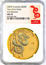 Load image into Gallery viewer, 2025 Australia Bullion GOLD $200 Lunar Year of the Snake NGC MS70 2oz Coin FR
