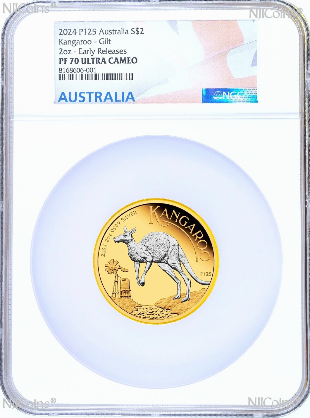 2024 Australia GILT Proof 2oz .9999 Silver Kangaroo $2 Coin NGC PF70 ER Flag LB
