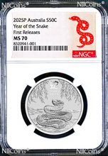 Load image into Gallery viewer, 2025 Australia .9999 Silver Lunar Year of the Snake NGC MS70 1/2oz 50c Coin FR
