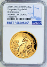 Load image into Gallery viewer, 2023 Australian High Relief Proof Kangaroo $200 NGC PF70 .9999 2oz GOLD Coin FR
