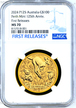 Load image into Gallery viewer, 2024 P Perth Mint 125 Anniv. 1oz GOLD Kangaroo/koala/Kooka NGC MS70 $100 Coin F
