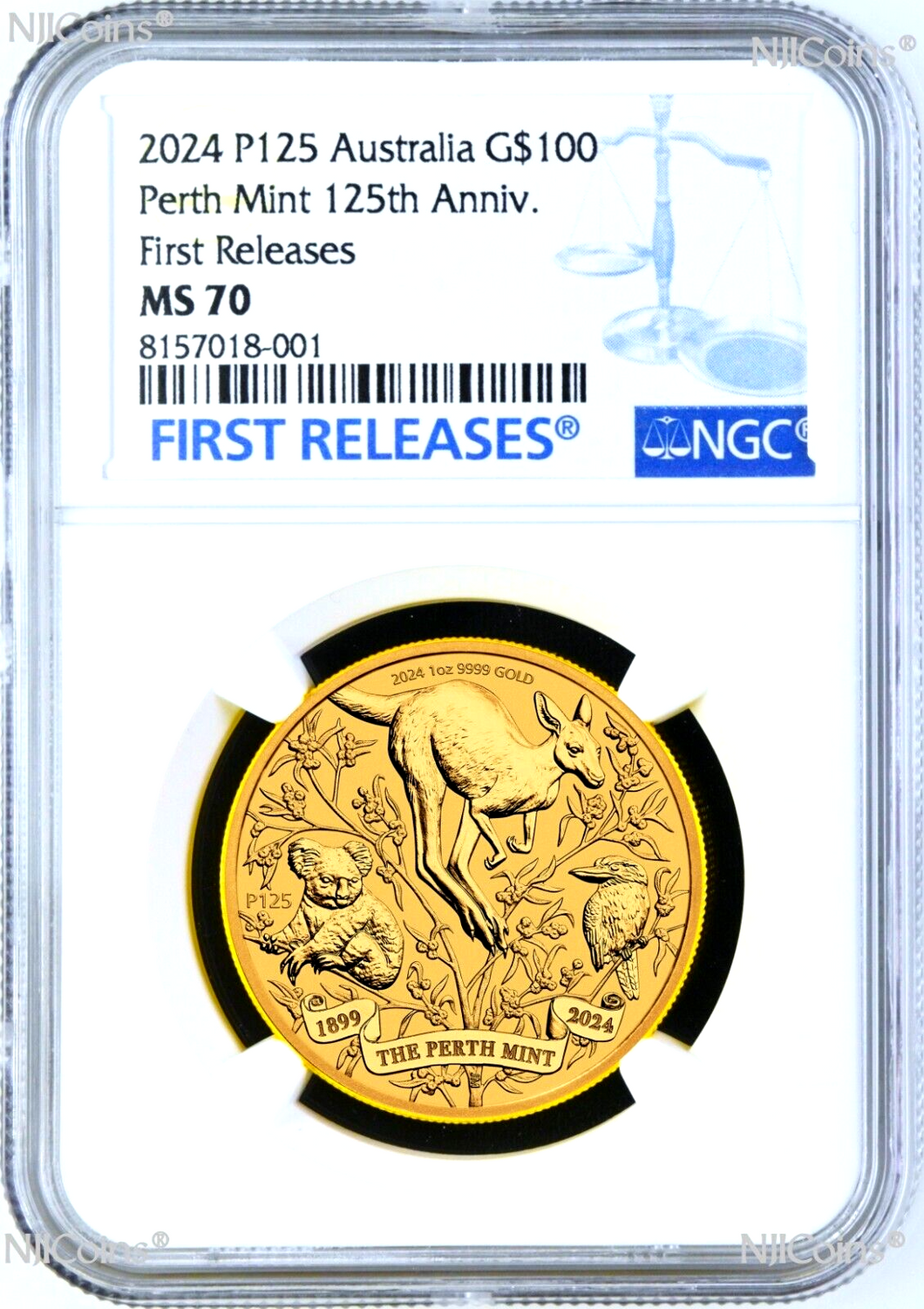 2024 P Perth Mint 125 Anniv. 1oz GOLD Kangaroo/koala/Kooka NGC MS70 $100 Coin F