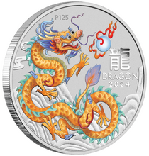 Load image into Gallery viewer, 2024 Lunar Year the Dragon 1/2oz GOLDEN Silver Half Dollar Coin In Mint Capsule
