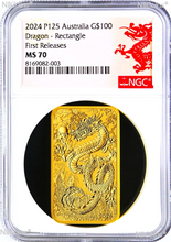 Load image into Gallery viewer, 2024 Dragon 1oz .9999 GOLD Rectangular $1 Dollar Bar COIN NGC MS 70 FR Lunar LB
