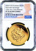 Load image into Gallery viewer, 5-Coin Set 2024 Australia Q+H+S+D+F Sovereign GOLD $5 $15 $25 $50 $100 NGC PF70
