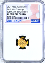 Load image into Gallery viewer, 2024 Australia Quarter Sovereign GOLD $5 coin NGC PF70 ER King Charles III
