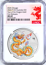 Load image into Gallery viewer, 2024 Silver Lunar Year Dragon GOLDEN NGC MS 69 1oz $1 ANA CHICAGO WFM Money Fair
