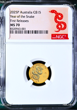 Load image into Gallery viewer, 2025 Australia Bullion GOLD $15 Lunar Year of the Snake NGC MS70 1/10oz Coin FR
