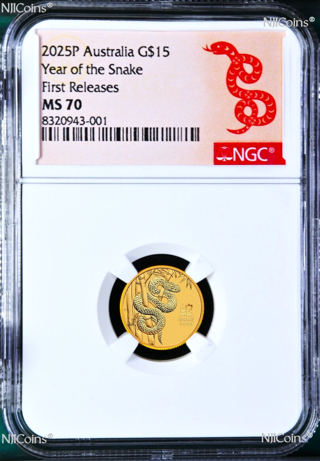 2025 Australia Bullion GOLD $15 Lunar Year of the Snake NGC MS70 1/10oz Coin FR