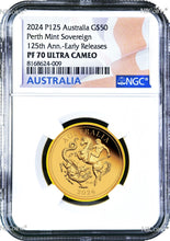 Load image into Gallery viewer, 5-Coin Set 2024 Australia Q+H+S+D+F Sovereign GOLD $5 $15 $25 $50 $100 NGC PF70
