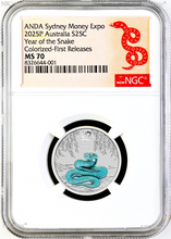 Load image into Gallery viewer, RARE 2024 Silver Sydney ADNA Expo Lunar Year of the SNAKE 1/4oz 25c NGC MS70
