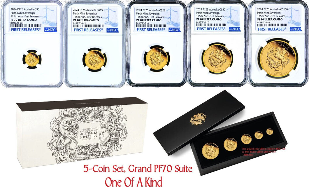 5-Coin Set 2024 Aussie Q+H+S+D+F Sovereign GOLD $5 $15 $25 $50 $100 NGC PF70 FR